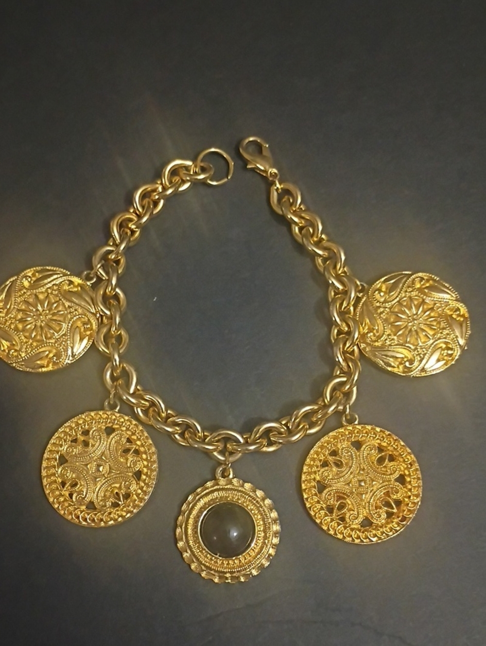 Vintage Boho Gold-Tone Medallion Coin Charm Bracelet
